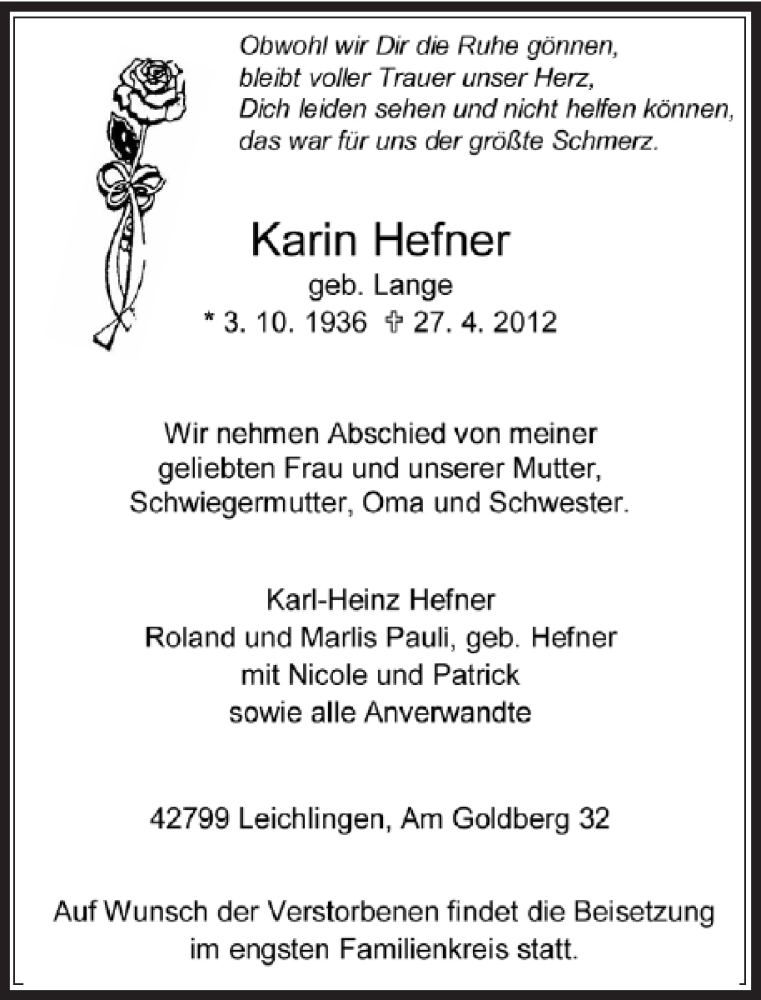 Alle Traueranzeigen für Karin Hefner | trauer.rp-online.de