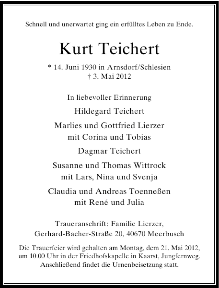  Traueranzeige für Kurt Teichert vom 09.05.2012 aus Rheinische Post