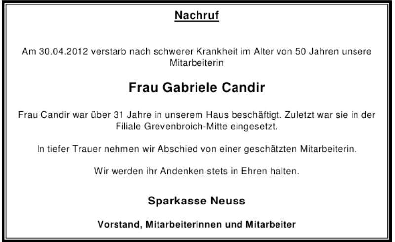 Traueranzeige für Frau Gabriele Candir vom 12.05.2012 aus Rheinische Post