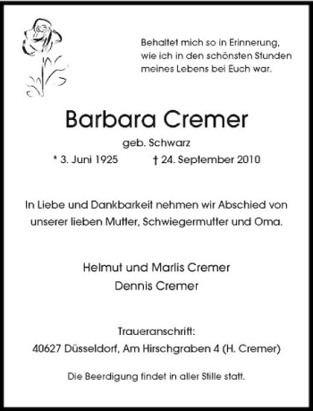 Traueranzeige von Barbara Cremer von Rheinische Post