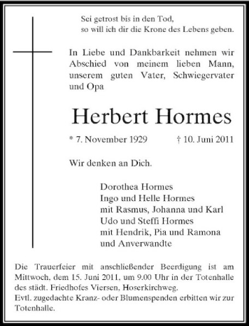 Traueranzeige von Herbert Hormes von Rheinische Post