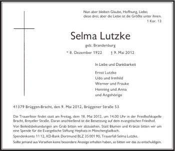 Traueranzeige von Selma Lutzke von Rheinische Post