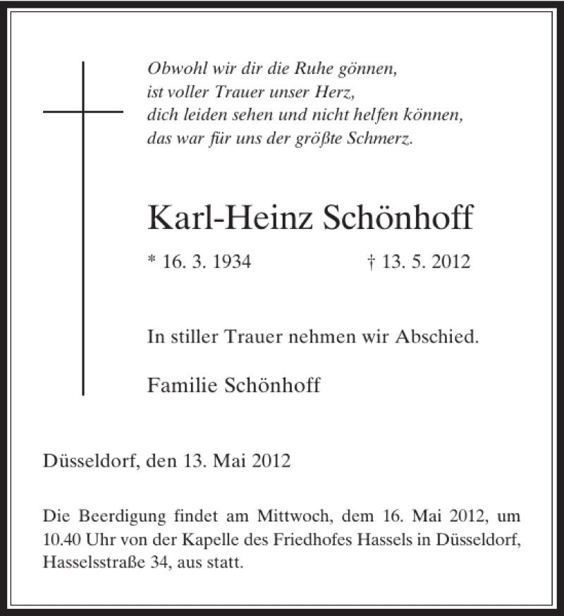  Traueranzeige für Karl-Heinz Schönhoff vom 15.05.2012 aus Rheinische Post
