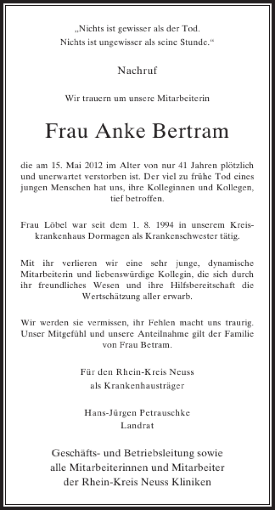  Traueranzeige für Frau Anke Bertram vom 26.05.2012 aus Rheinische Post