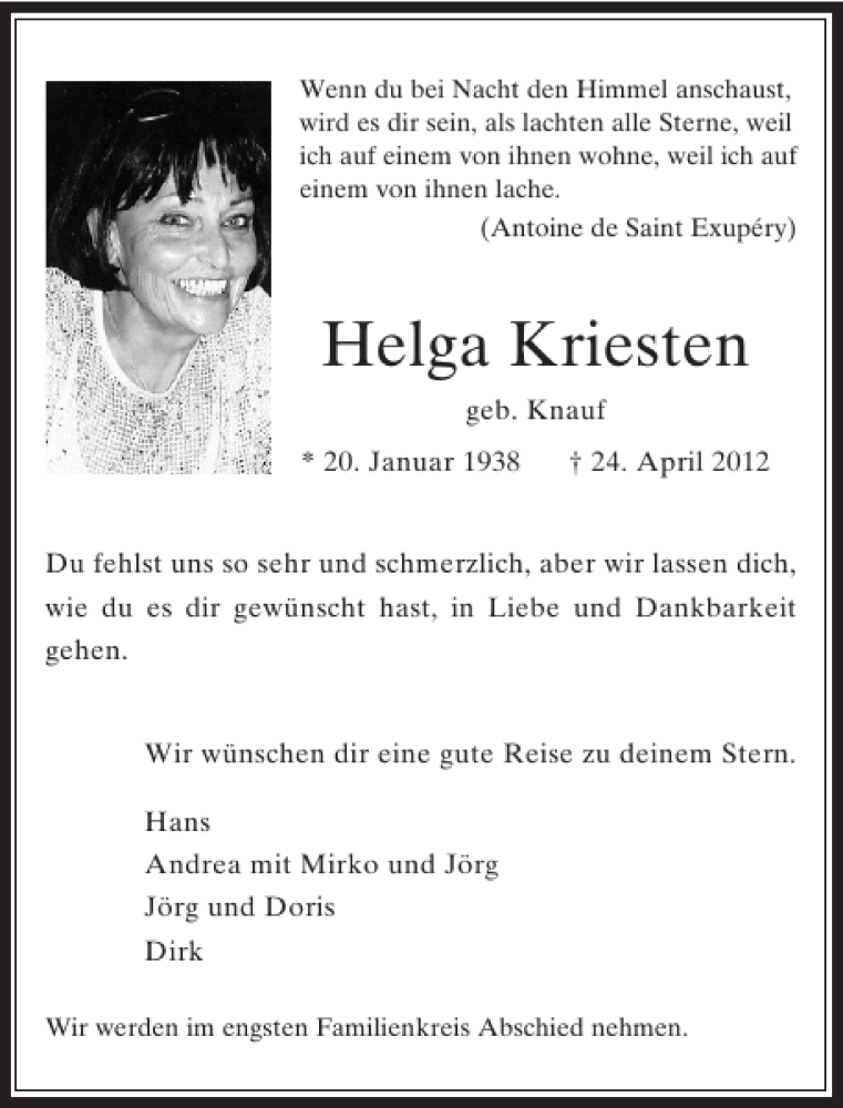  Traueranzeige für Helga Kriesten vom 26.05.2012 aus Rheinische Post