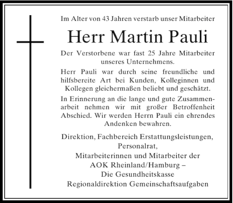  Traueranzeige für Martin Pauli vom 26.05.2012 aus Rheinische Post