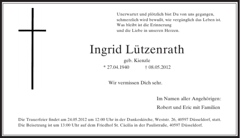  Traueranzeige für Ingrid Lützenrath vom 23.05.2012 aus Rheinische Post