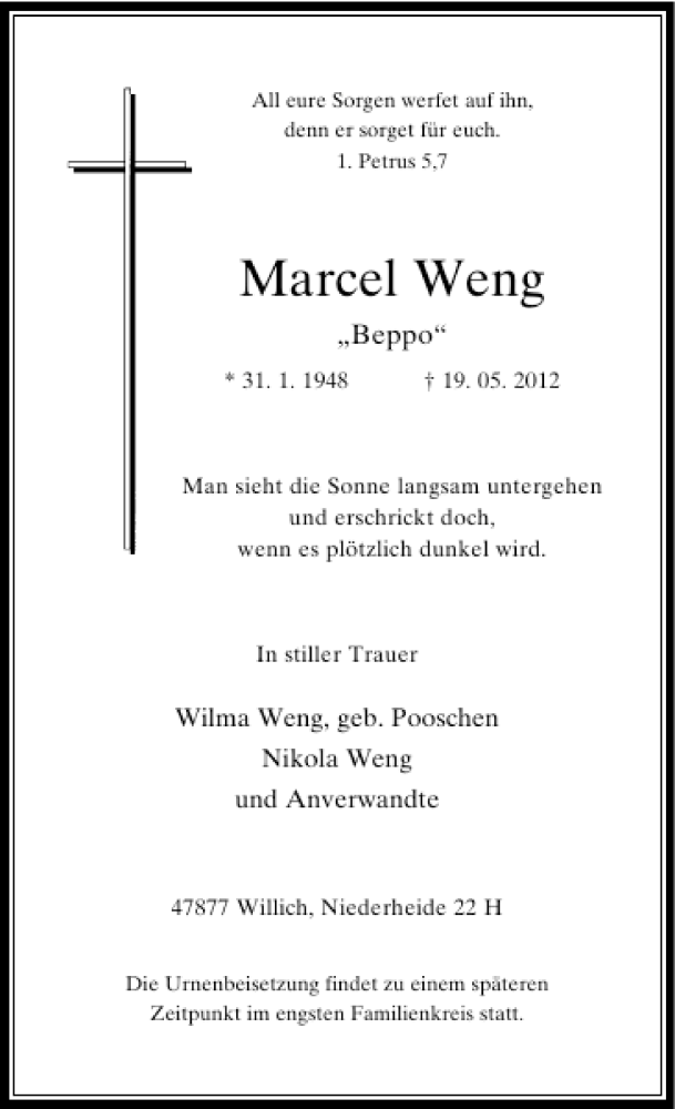  Traueranzeige für Marcel Weng vom 23.05.2012 aus Rheinische Post