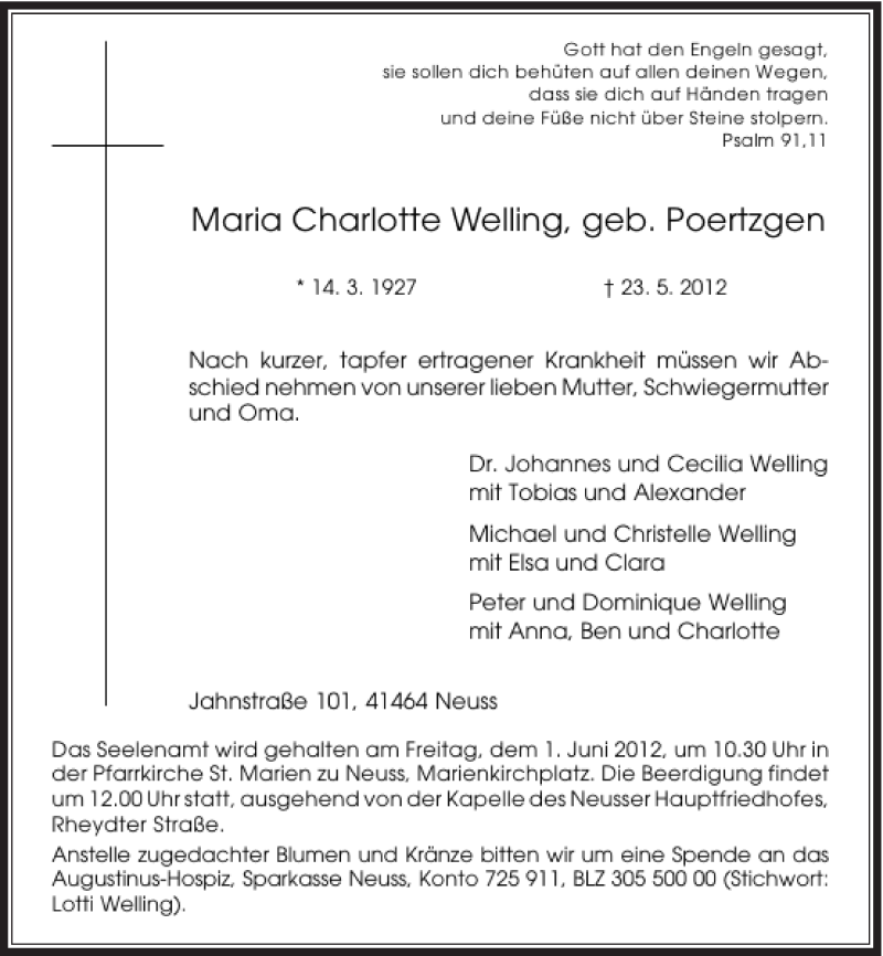 Alle Traueranzeigen Fur Maria Charlotte Welling Geb Poertzgen Trauer Rp Online De
