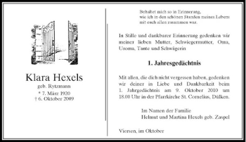 Traueranzeige von Klara Hexels von Rheinische Post