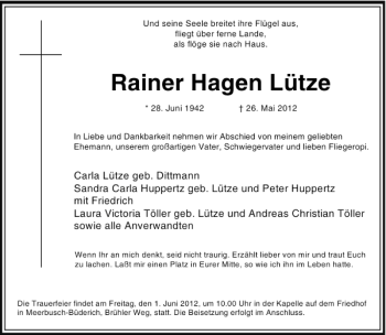 Traueranzeige von Rainer Hagen Lütze von Rheinische Post