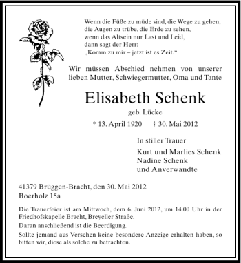 Traueranzeige von Elisabeth Schenk von Rheinische Post