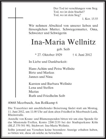 Traueranzeige von Ina-Maria Wellnitz von Rheinische Post