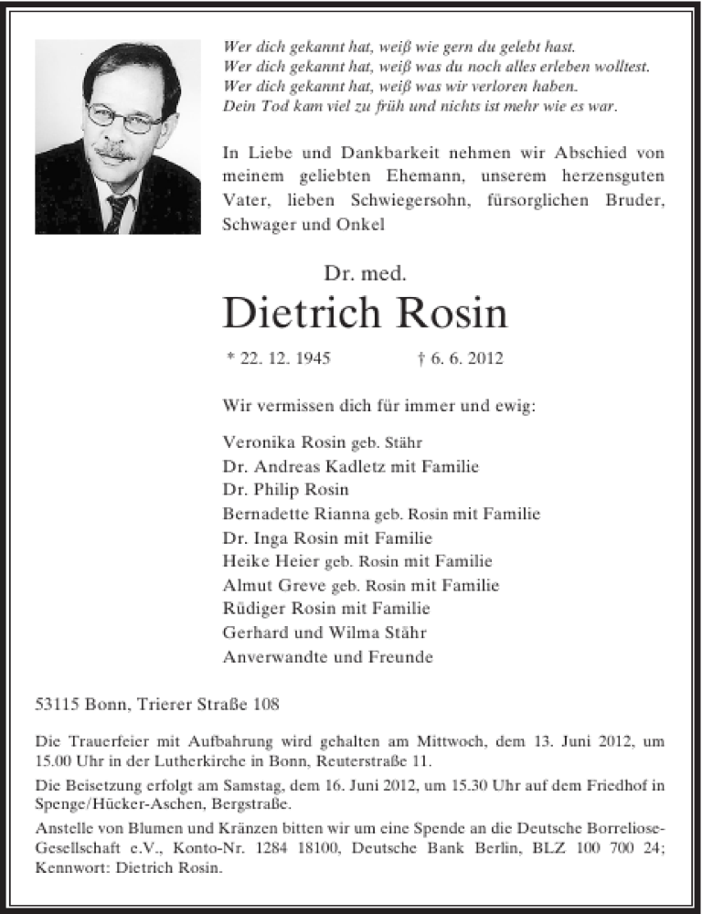  Traueranzeige für Dr. med. Dietrich Rosin vom 09.06.2012 aus Rheinische Post