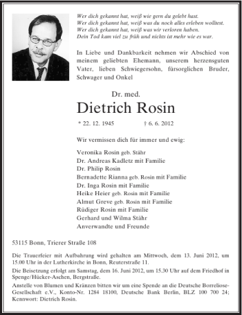 Traueranzeige von Dr. med. Dietrich Rosin von Rheinische Post