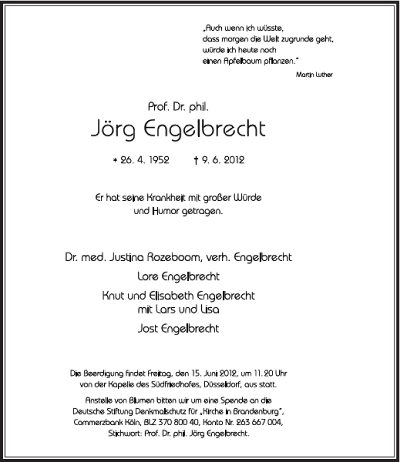  Traueranzeige für Prof. Dr. phil. Jörg Engelbrecht vom 13.06.2012 aus Rheinische Post