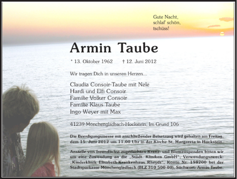  Traueranzeige für Armin Taube vom 14.06.2012 aus Rheinische Post