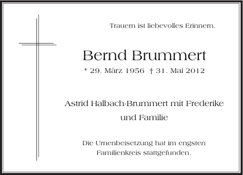  Traueranzeige für Bernd Brummert vom 16.06.2012 aus Rheinische Post
