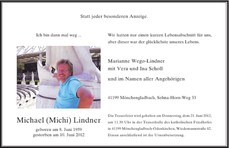  Traueranzeige für Michi Lindner Michael vom 16.06.2012 aus Rheinische Post