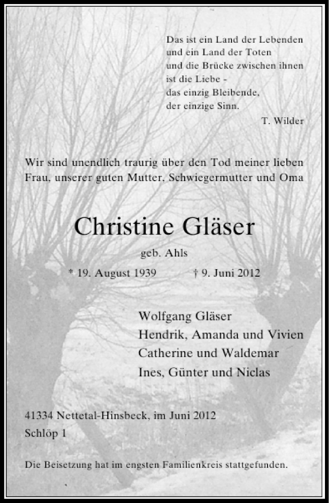  Traueranzeige für Christine Gläser vom 18.06.2012 aus Rheinische Post
