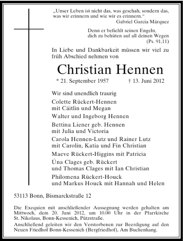  Traueranzeige für Christian Hennen vom 19.06.2012 aus Rheinische Post