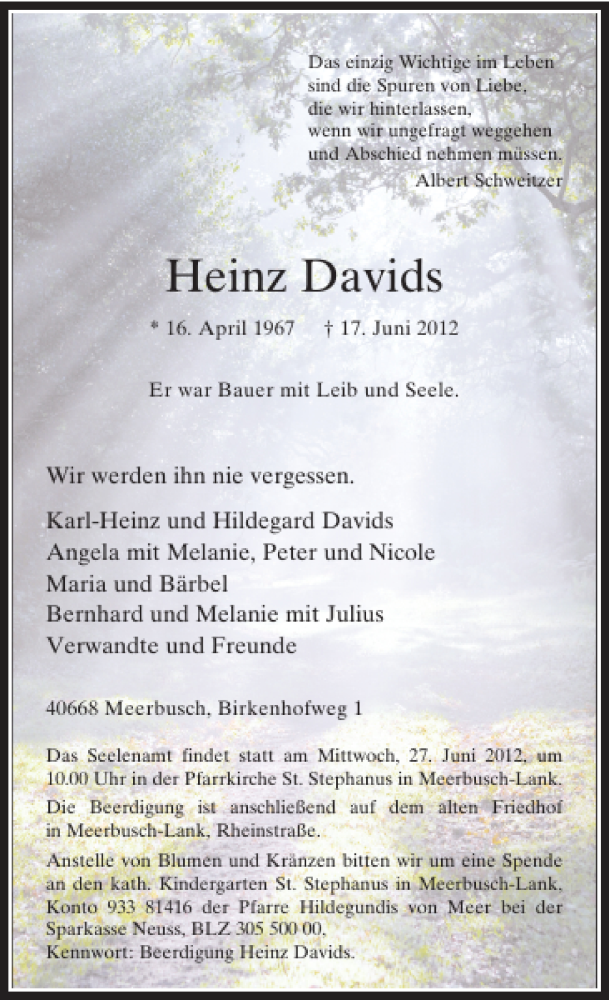  Traueranzeige für Heinz Davids vom 23.06.2012 aus Rheinische Post