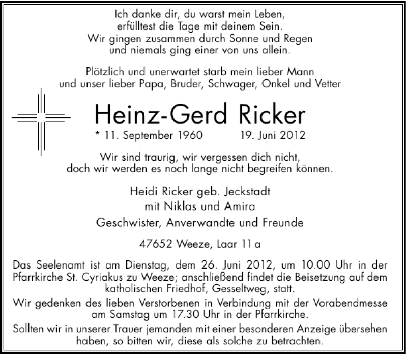  Traueranzeige für Heinz-Gerd Ricker vom 22.06.2012 aus Rheinische Post