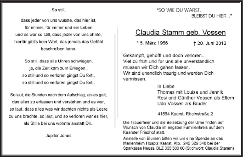 Traueranzeige für Claudia Stamm vom 23.06.2012 aus Rheinische Post