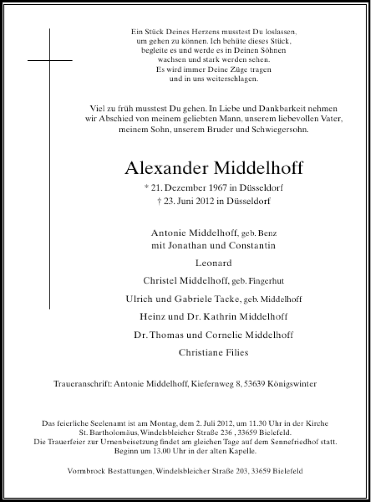  Traueranzeige für Alexander Middelhoff vom 27.06.2012 aus Rheinische Post