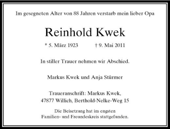 Traueranzeige von Reinhold Kwek von Rheinische Post