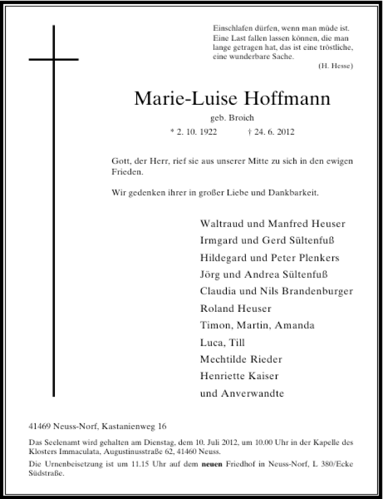  Traueranzeige für Marie-Luise Hoffmann vom 30.06.2012 aus Rheinische Post