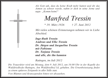Traueranzeige von Manfred Tressin von Rheinische Post