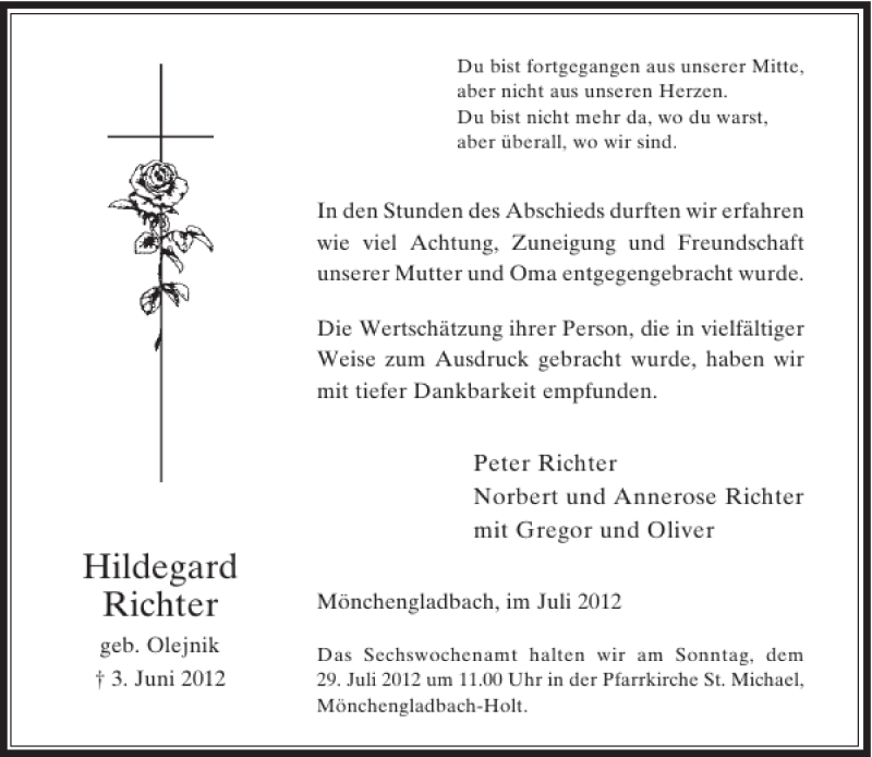  Traueranzeige für Hildegard Richter vom 14.07.2012 aus Rheinische Post