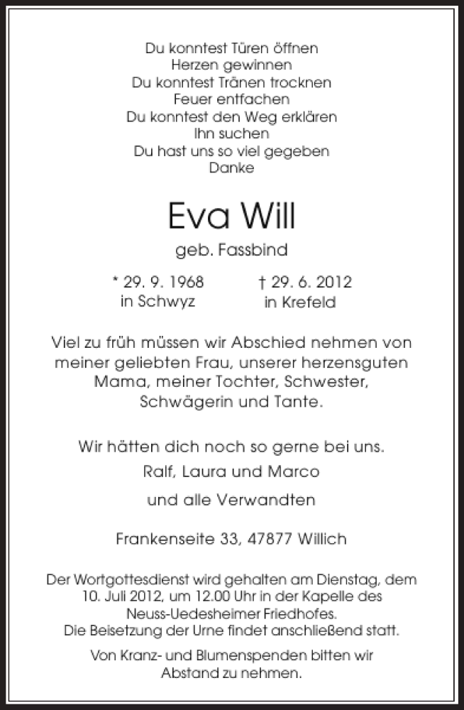  Traueranzeige für Eva Will vom 06.07.2012 aus Rheinische Post