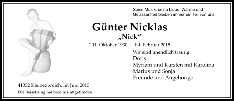  Traueranzeige für Günter Nicklas vom 13.06.2015 aus Rheinische Post