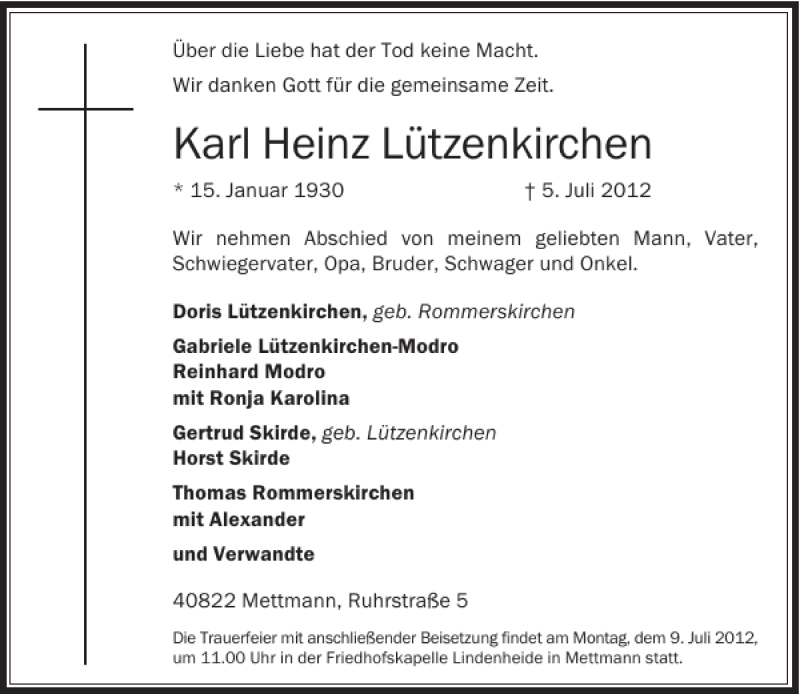  Traueranzeige für Karl Heinz Lützenkirchen vom 07.07.2012 aus Rheinische Post
