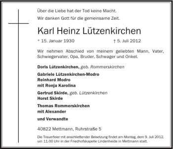 Traueranzeige von Karl Heinz Lützenkirchen von Rheinische Post