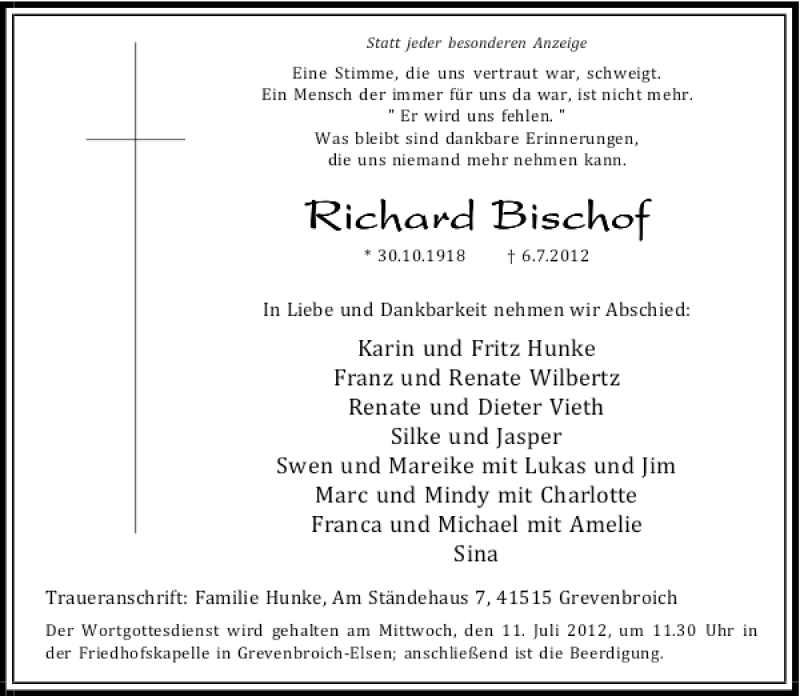  Traueranzeige für Richard Bischof vom 07.07.2012 aus Rheinische Post