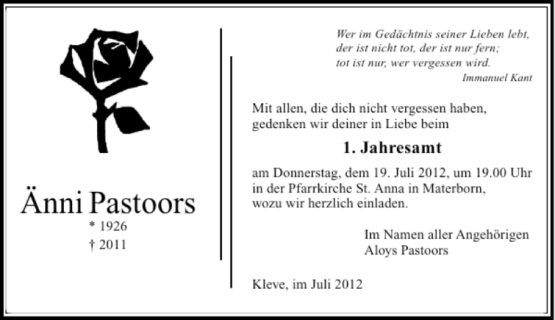  Traueranzeige für Änni Pastoors vom 11.07.2012 aus Rheinische Post