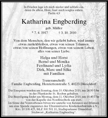 Traueranzeige von Katharina Engberding von Rheinische Post