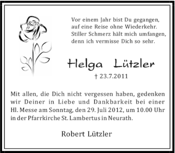 Traueranzeige von Helga Lützler von Rheinische Post
