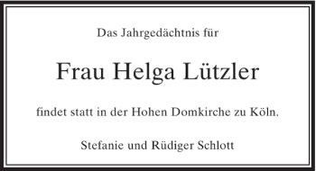 Traueranzeige von Frau Helga Lützler von Rheinische Post