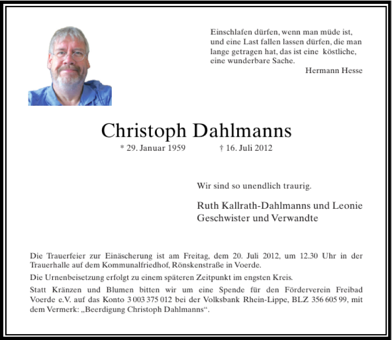  Traueranzeige für Christoph Dahlmanns vom 18.07.2012 aus Rheinische Post