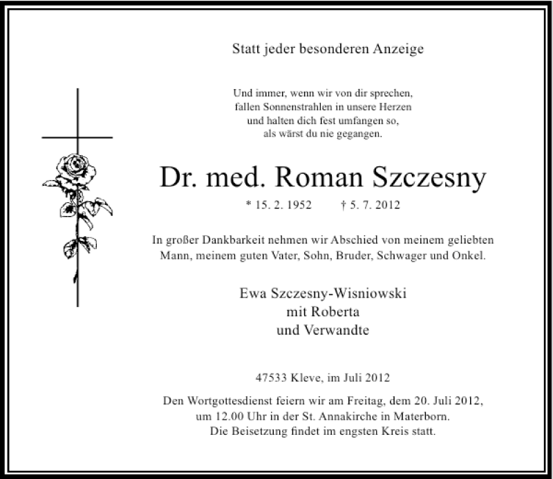  Traueranzeige für Dr. med. Roman Szczesny vom 18.07.2012 aus Rheinische Post