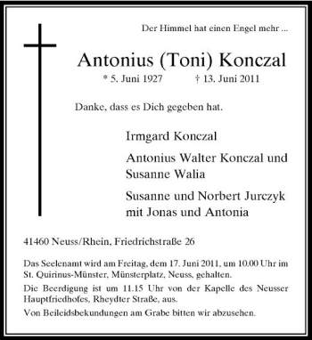 Traueranzeige von Antonius Konczal von Rheinische Post