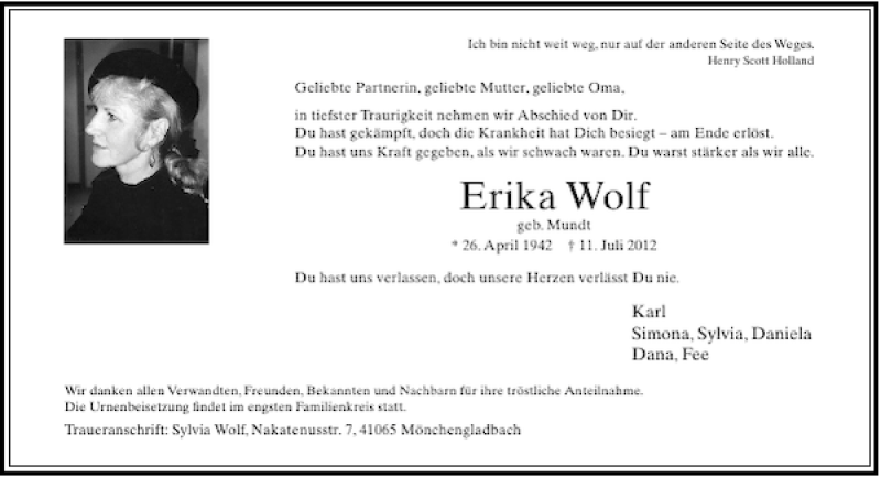  Traueranzeige für Erika Wolf vom 21.07.2012 aus Rheinische Post