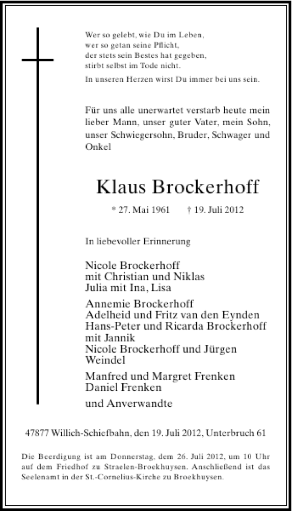  Traueranzeige für Klaus Brockerhoff vom 25.07.2012 aus Rheinische Post