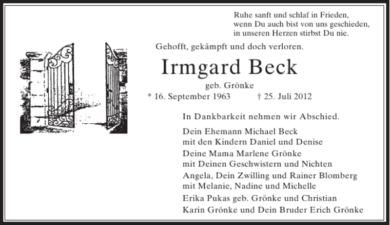  Traueranzeige für Irmgard Beck vom 28.07.2012 aus Rheinische Post