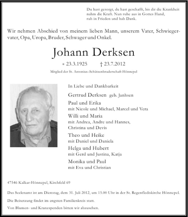  Traueranzeige für Johann Derksen vom 27.07.2012 aus Rheinische Post