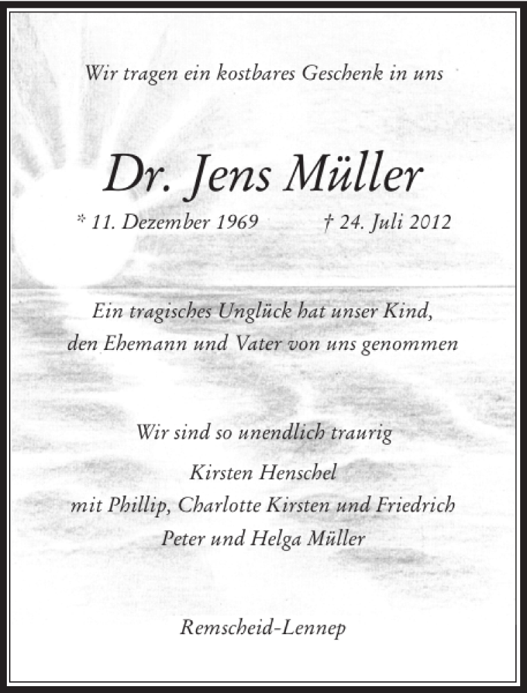  Traueranzeige für Dr. Jens Müller vom 27.07.2012 aus Rheinische Post